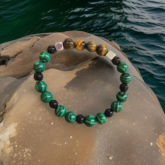 SALE!! Malachite and Tiger Eye w Onyx Bracelet - Picture 1 of 2